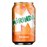 Mirinda - Orange Soda Can - 300ml features the Mirinda logo and a bold white "M," decorated with vibrant orange slices and bubbles on the front for a fresh, fruity look.
